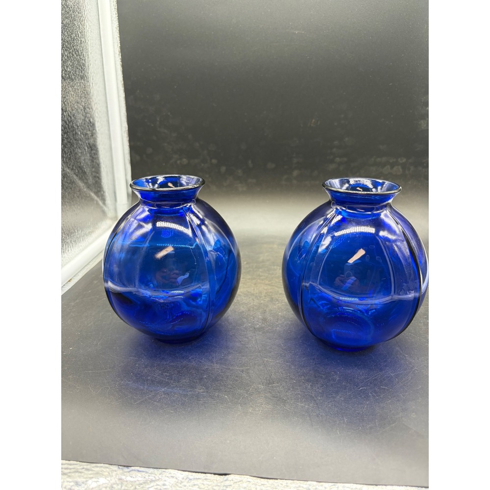 Vintage Cobalt Blue Glass Bud Vases Set of 2 Ribbed Round Optic Art Glass 4.5"